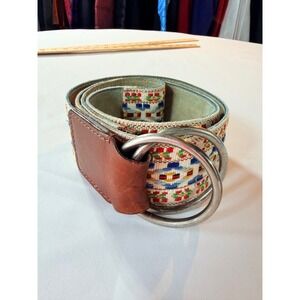 Hollister Boho Woven Geometric D-Ring Belt Leather Back M/L Multicolor Earthy
